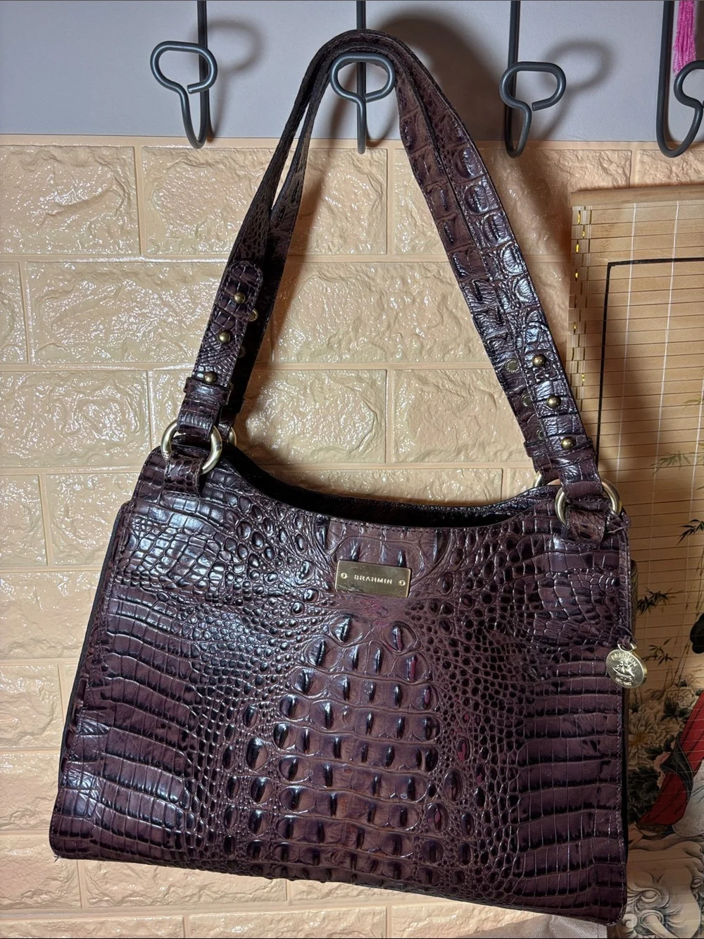 Brahmin Croc-Embossed Leather Shoulder Bag in Dark Brown w Burgundy Tones